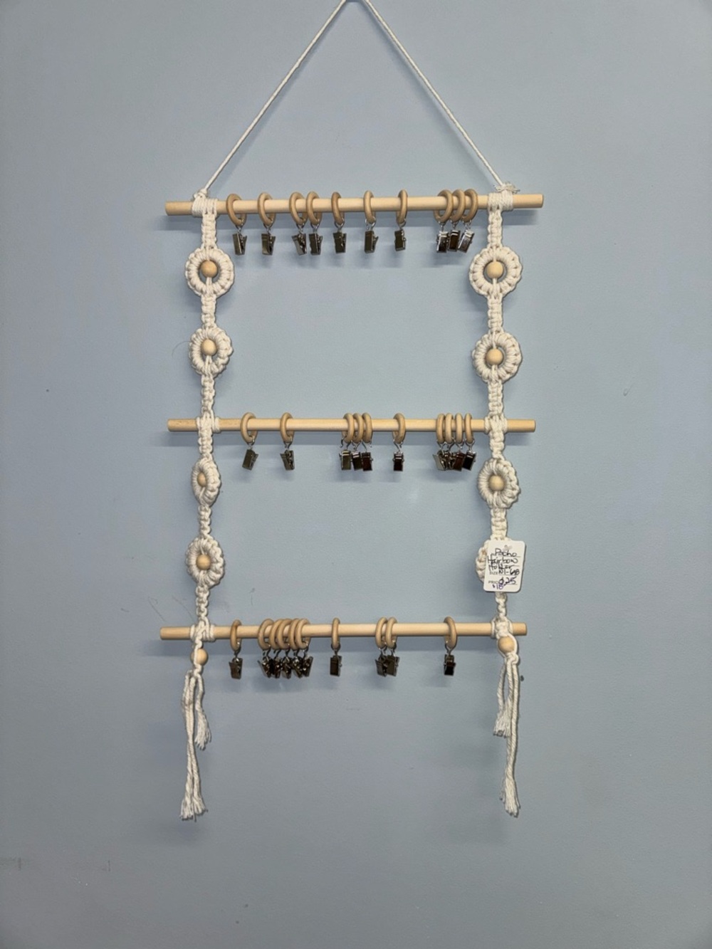 Handmade Cream Macramé Hanging Organizer with Wooden Rings. Bow Holder.